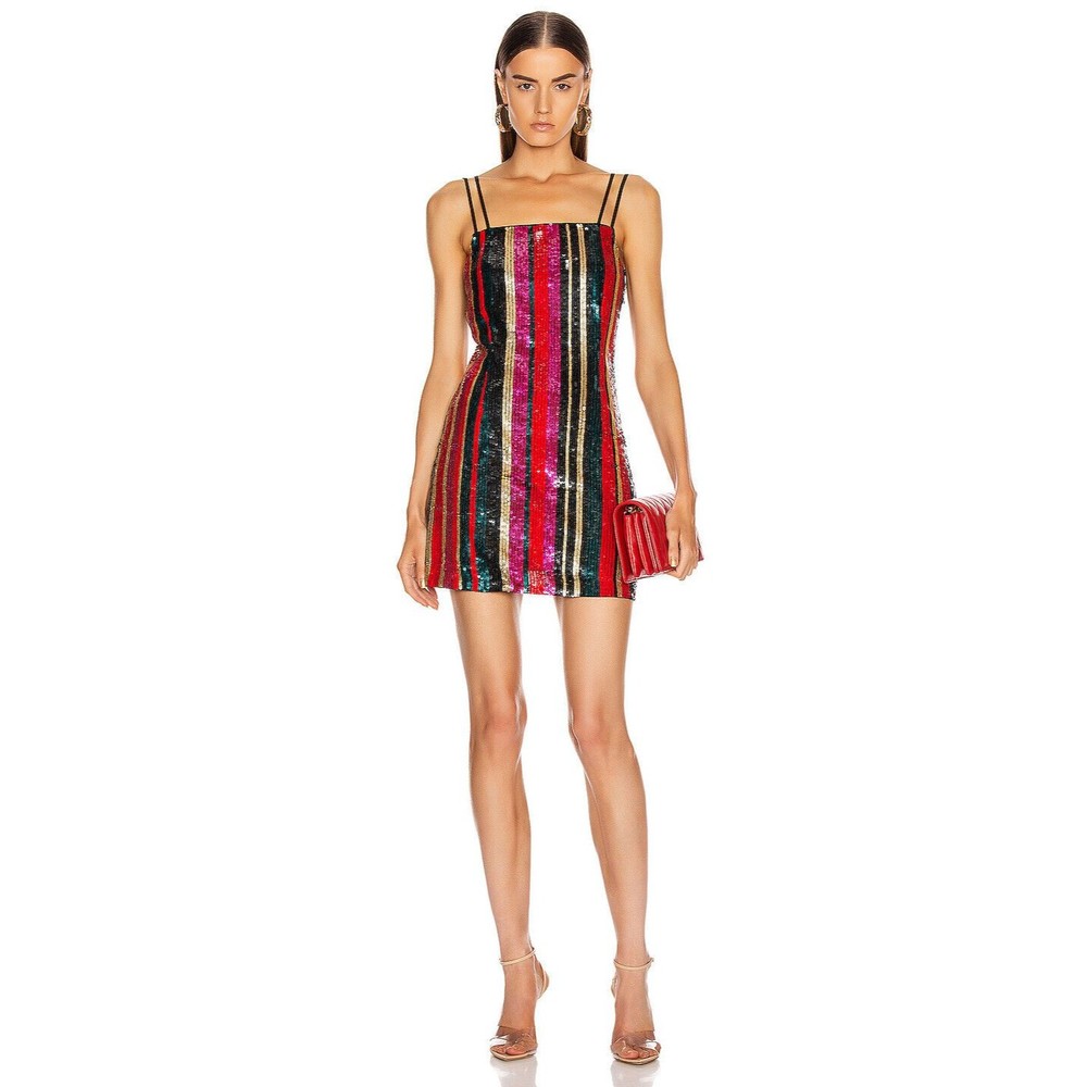 HANEY Multi Striped Embellished Sequin Sparkle Tulle Sexy Mini Slip-Dress 10